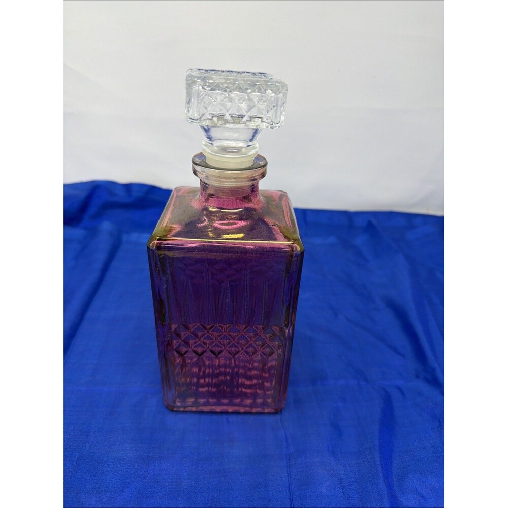 VTG Cranberry Flash Art Glass Diamond Quilt Decanter W/Stopper 9"H Beautiful